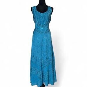 Y2K Teal Embroidered Maxi Dress – boho lace panel dress XL